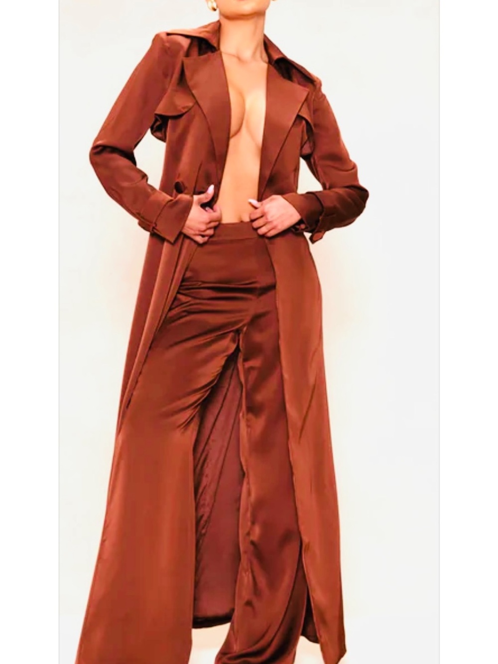 Fashion Nova Chocolate Brown Satin Pantsuit Trench Coat Set